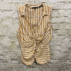 Harve Benard Yellow Striped Linen Blend Twist Waist Washable Linen Top